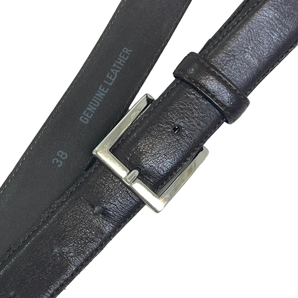 Mens Brown Italian Genuine Leather Belt 38/95 Square Silver Buckle Made In Italy